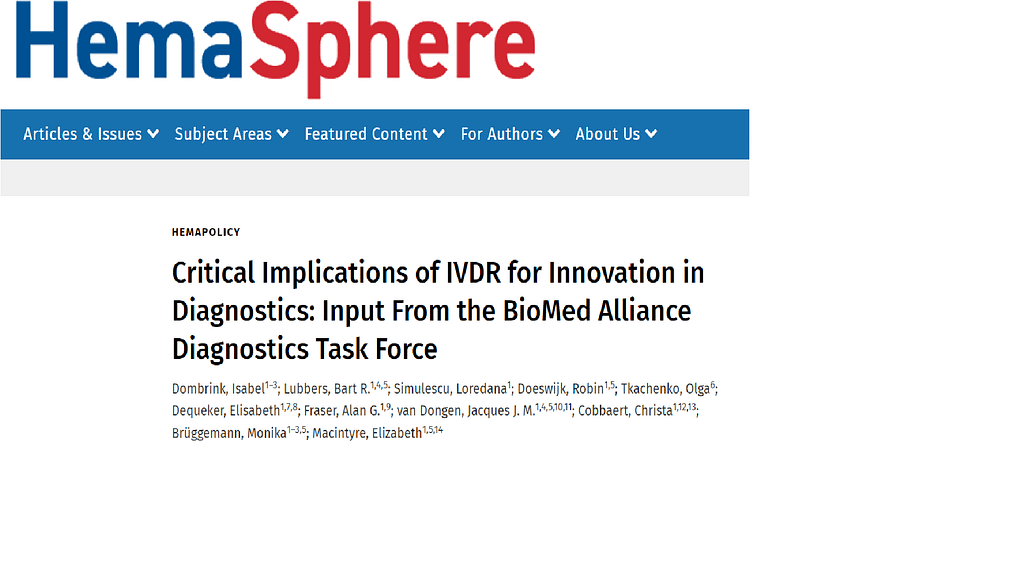 printscreen article on critical implications of IVDR for innovation in Diagnostics: Imput from the Biomed Alliance Diagnostics Taskforce