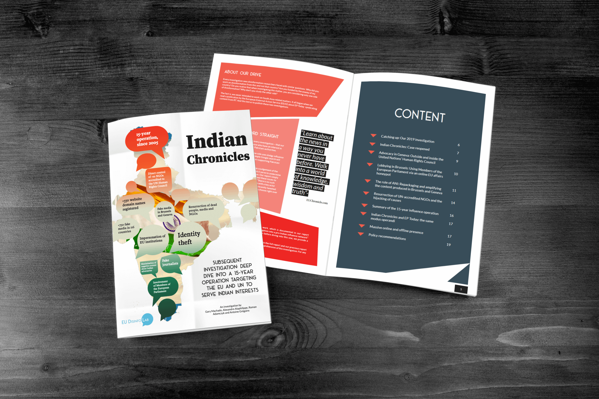 EU DisinfoLab Indian Chronicles brochure - designed and edited by Fastlane